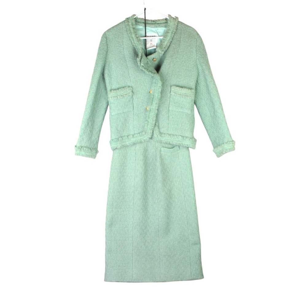 Chanel Boutique Skirt Suit Set Tweed Size 38 Jade Green 100% Wool Pocket